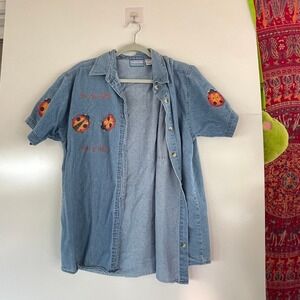 Vintage Granny Ladybug Button Down denim Shirt Size‎ L Women's Indie Cotton